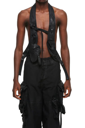 COTTON BACK SATIN CARGO VEST / BLK