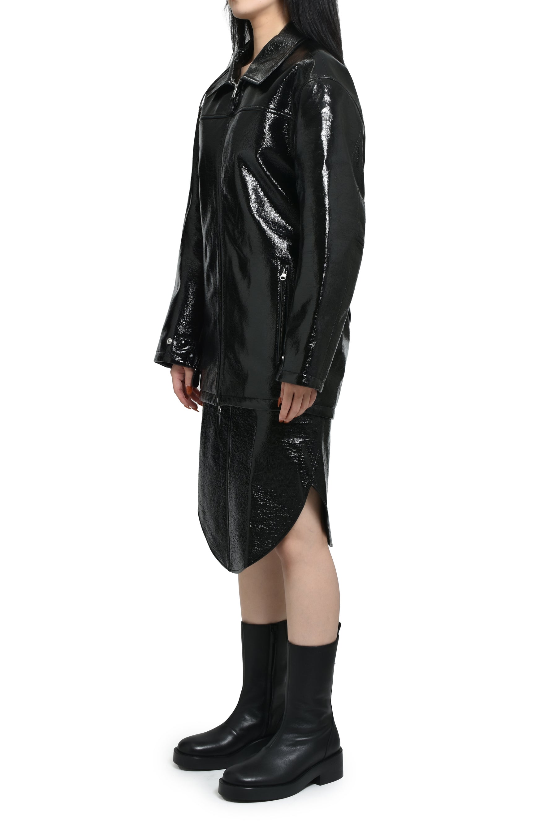 ZIPPED VINYL MAXI BOMBER JACKET / BLK 