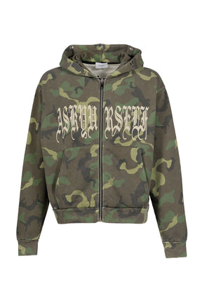GOTH CAMO CROPPED VINTAGE ZIP HOODIE / WOODLAND CAMO