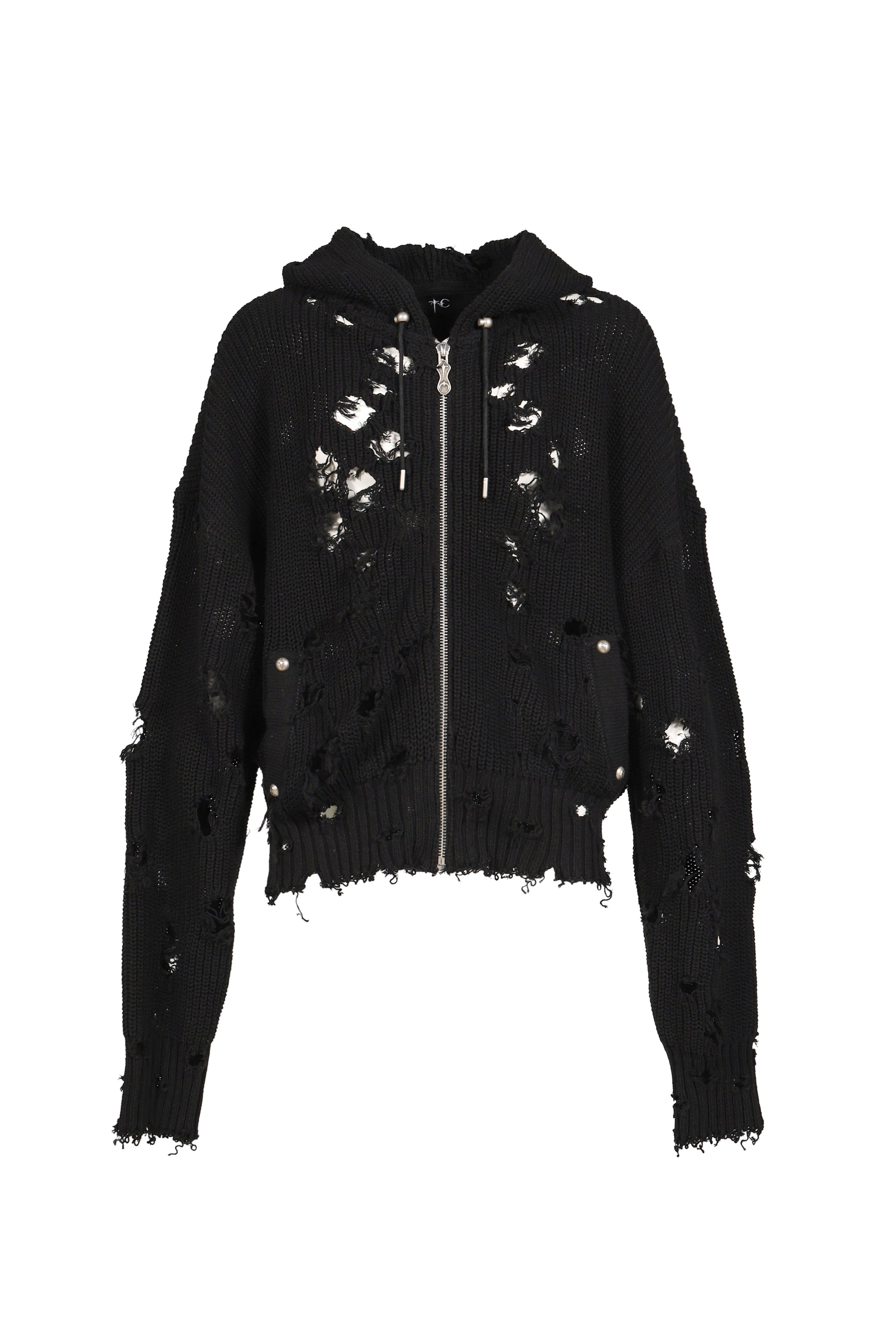 TC DESTROYED KNIT ZIP-UP HOODIE / BLK