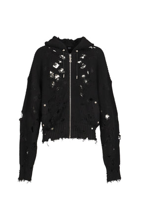 TC DESTROYED KNIT ZIP-UP HOODIE / BLK