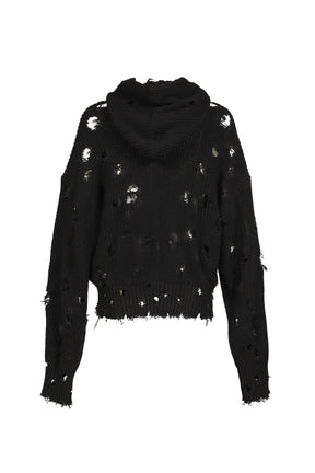 TC DESTROYED KNIT ZIP-UP HOODIE / BLK