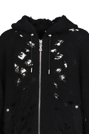 TC DESTROYED KNIT ZIP-UP HOODIE / BLK