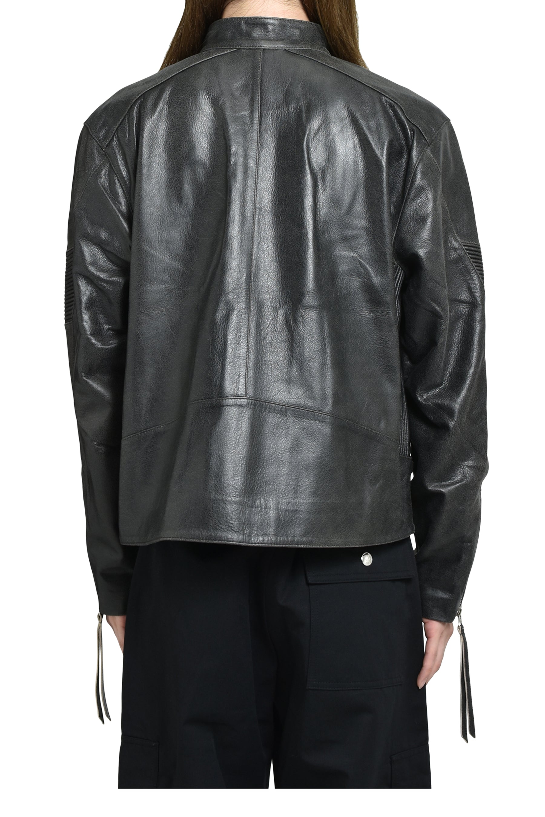 EMBOSSED LEATHER BIKER JACKET / BLK