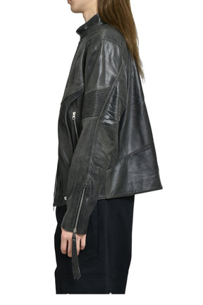 EMBOSSED LEATHER BIKER JACKET / BLK
