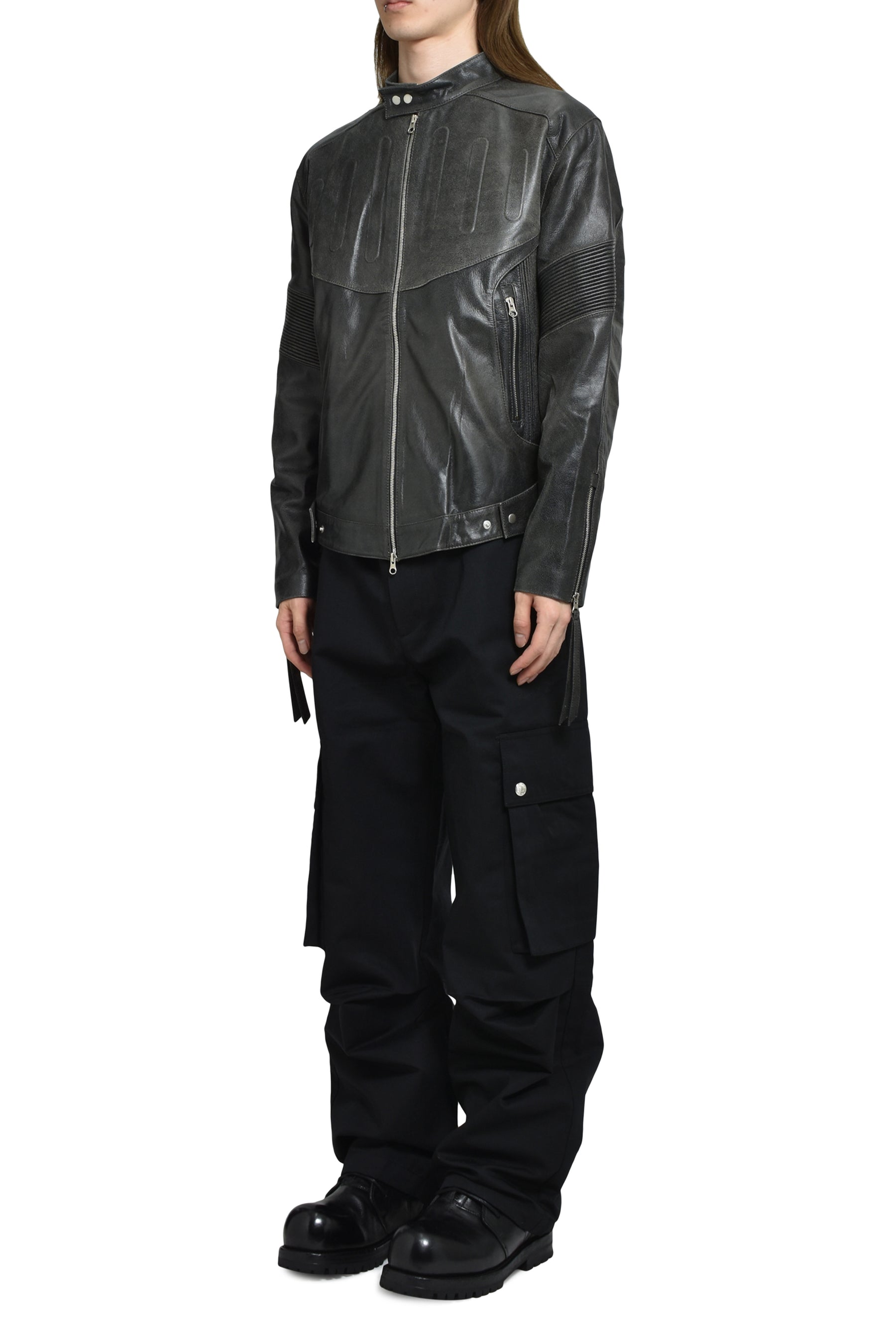 EMBOSSED LEATHER BIKER JACKET / BLK