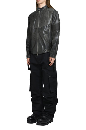 EMBOSSED LEATHER BIKER JACKET / BLK