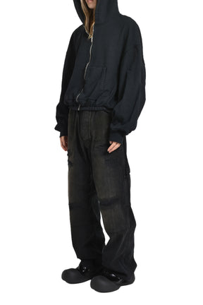 ZIP UP HOODIE W ELASTIC WAIST / BLK