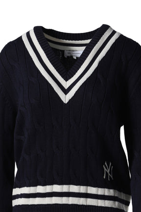 YANKEES SERIF CABLEKNIT VNECK / NAVY WHITE