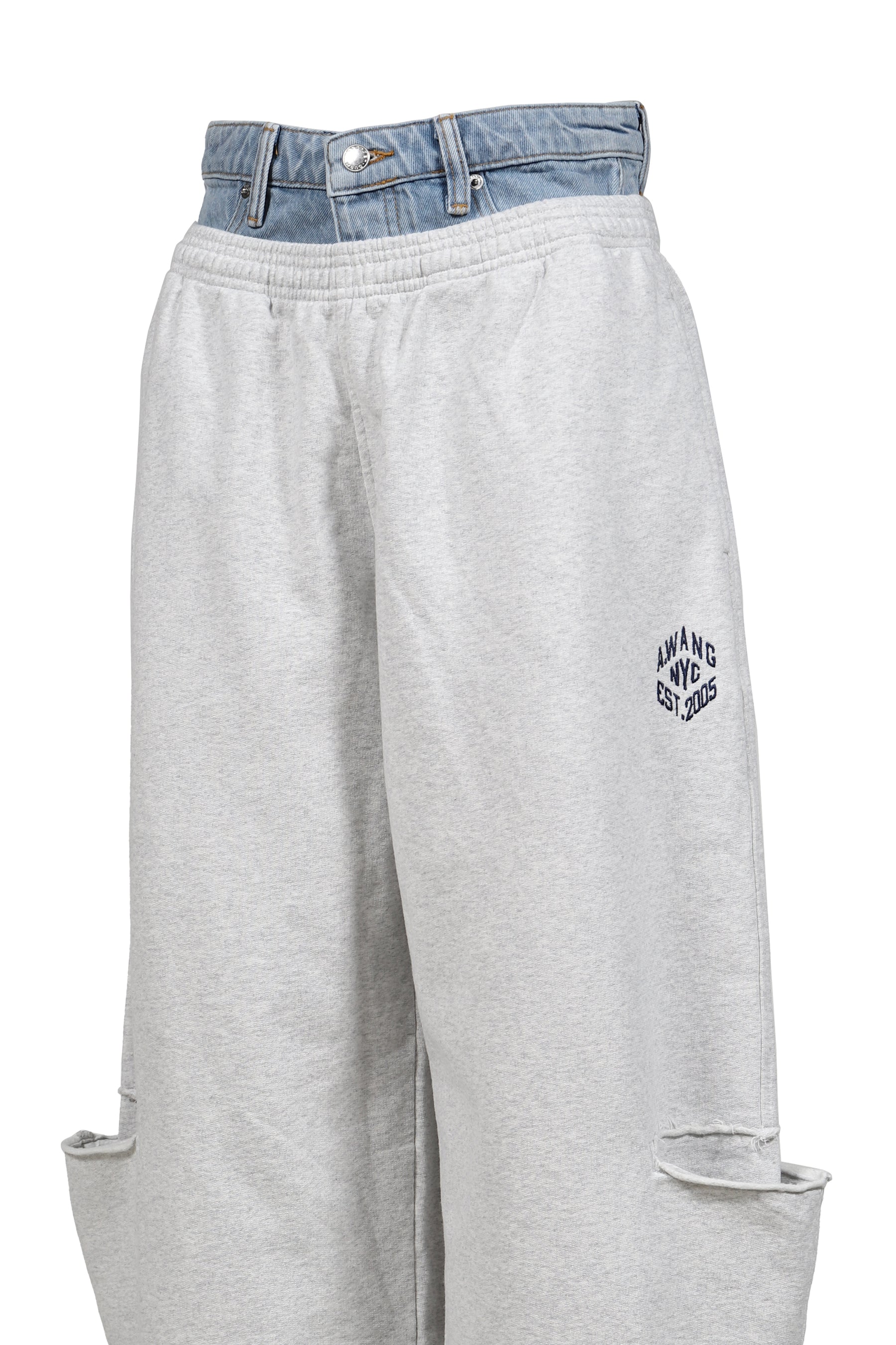 PRE-STYLED SLASHED SWEATPANT / LT HEATHER GREY VINTAGE LIGHT INDIGO
