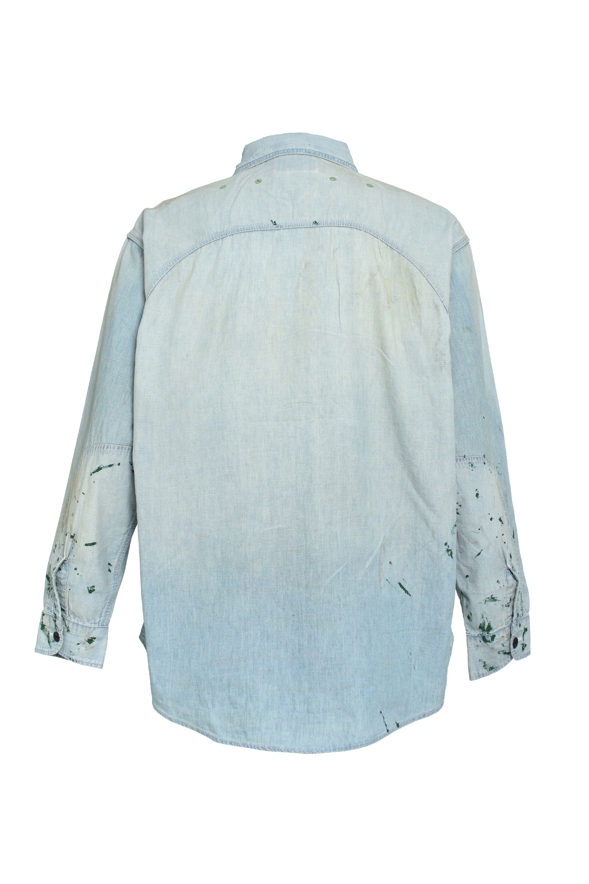 PAINT STAINED CHAMBRAY SHIRT, VENT HOLES / AGED IND