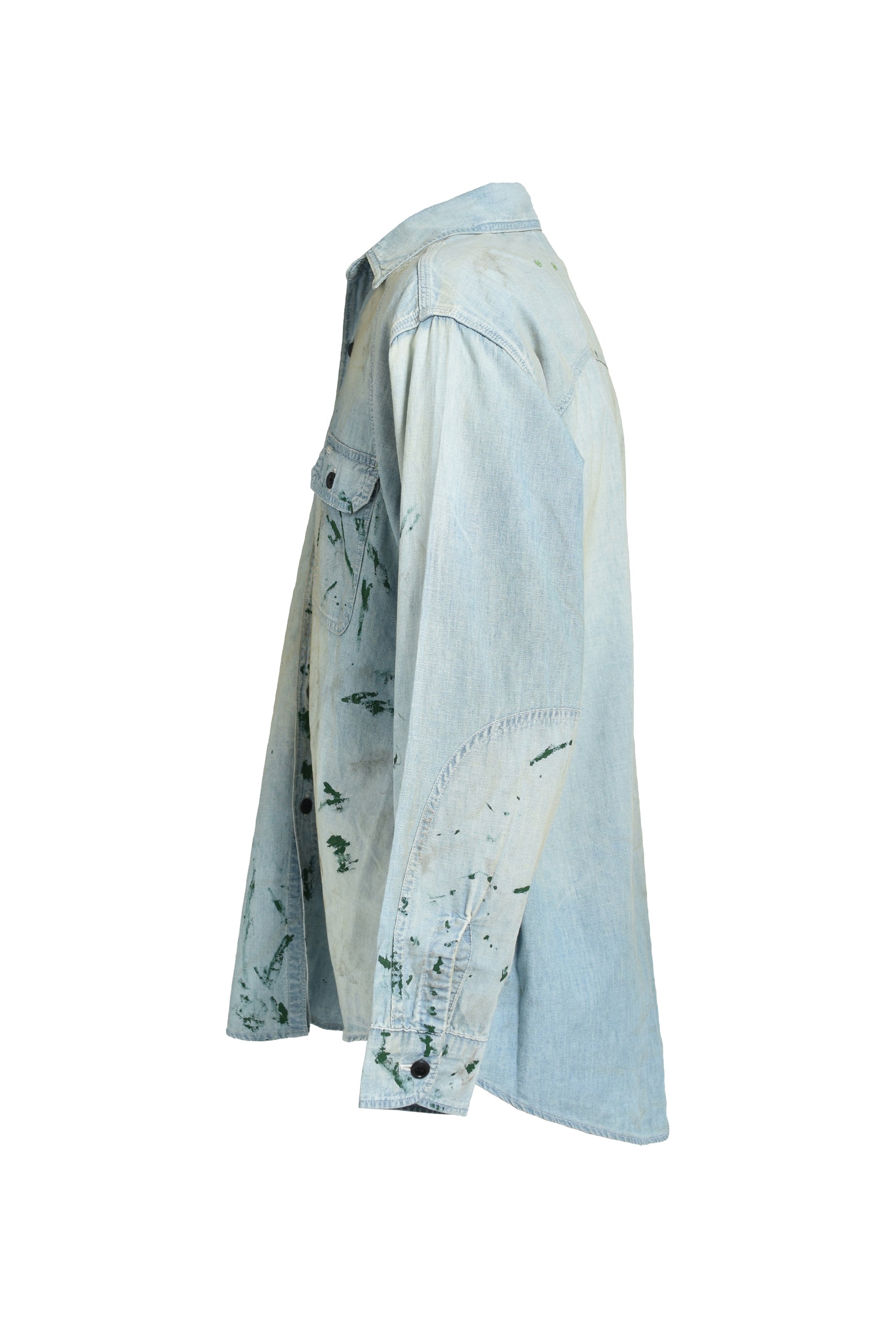 PAINT STAINED CHAMBRAY SHIRT, VENT HOLES / AGED IND
