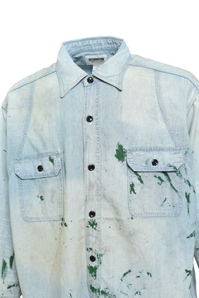 PAINT STAINED CHAMBRAY SHIRT, VENT HOLES / AGED IND