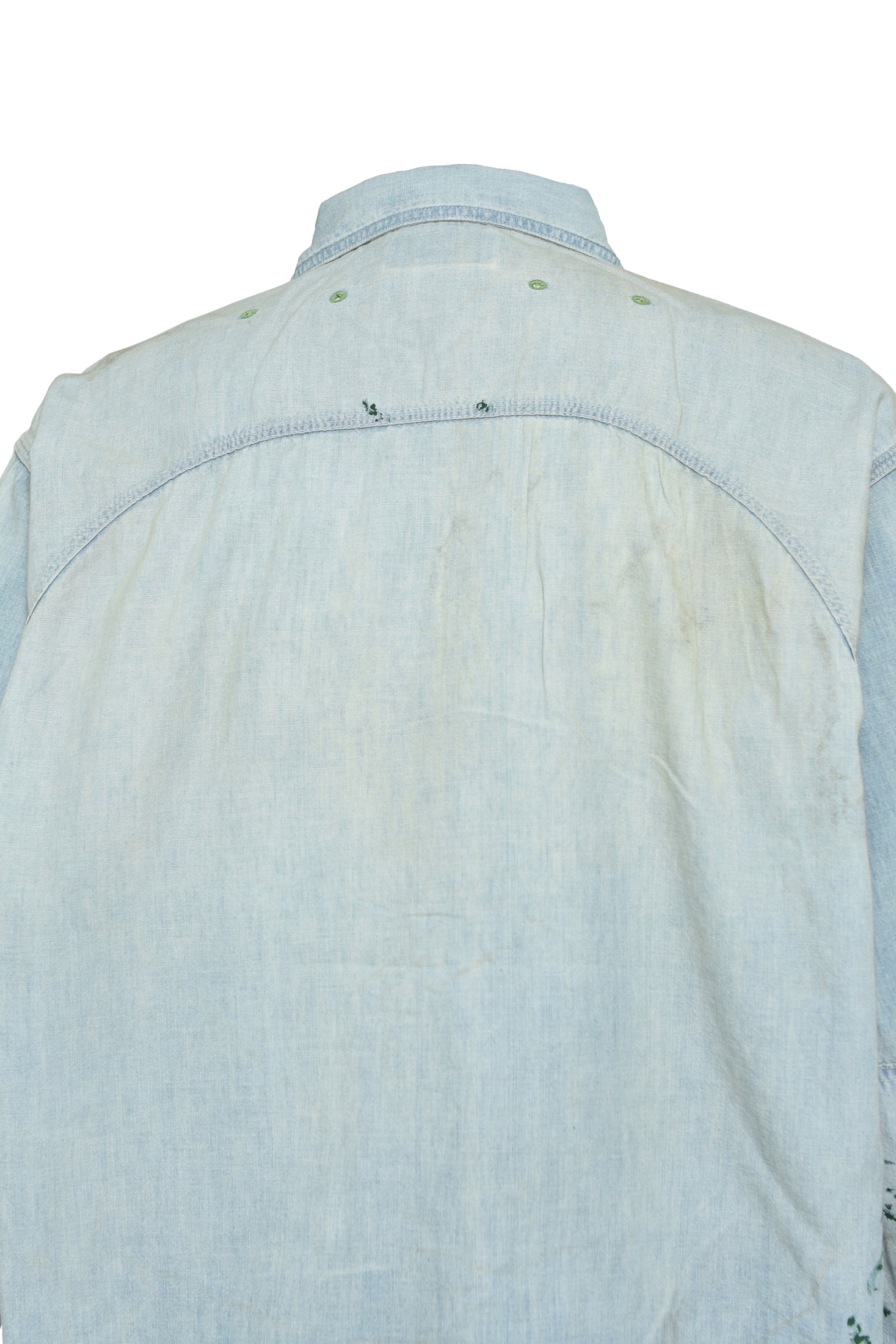 PAINT STAINED CHAMBRAY SHIRT, VENT HOLES / AGED IND