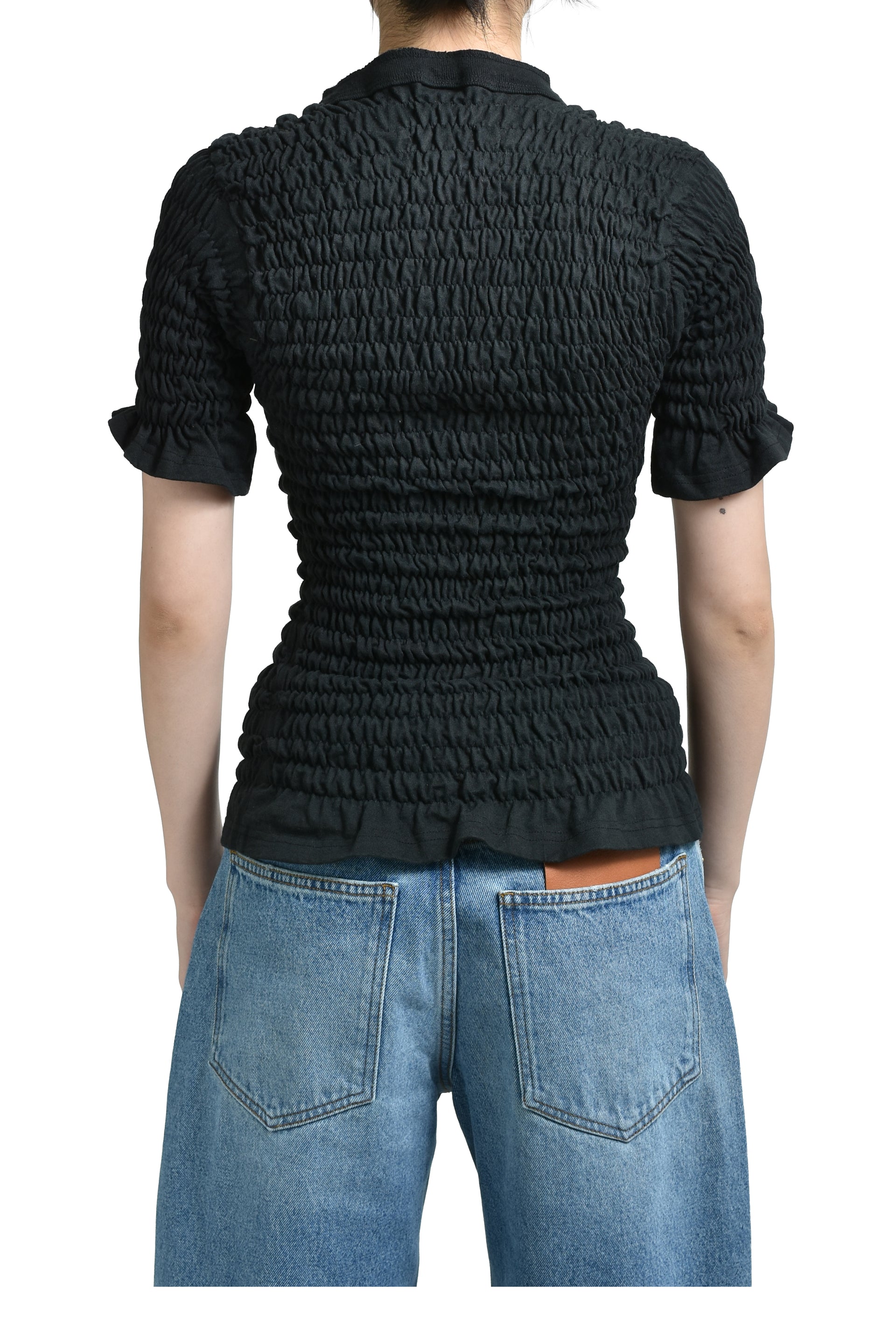 RECONSTITUTED SHIRRED HENLEY T-SHIRT / BLK 