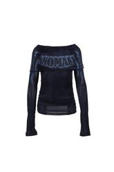 FAUX SUEDE MESH WINGS OFF-SHOULDER T-SHIRT / NVY BLU