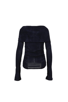 FAUX SUEDE MESH WINGS OFF-SHOULDER T-SHIRT / NVY BLU