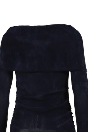 FAUX SUEDE MESH WINGS OFF-SHOULDER T-SHIRT / NVY BLU