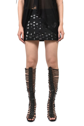 BLACK LEATHER-DETAIL HANDCRAFTED MINI SKIRT / BLK