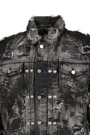 HARD-WASHED DAMAGED DENIM JACKET / BLK 