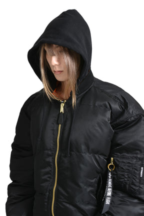 QUILTED HOODED BOMBER JACKET / BLK