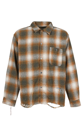 OMBRE CHECK DAMAGED WIDE FLANNEL SHIRTS / YEL×GRN