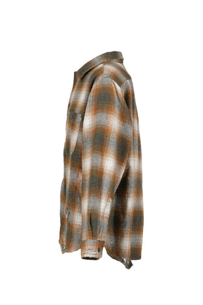OMBRE CHECK DAMAGED WIDE FLANNEL SHIRTS / YEL×GRN