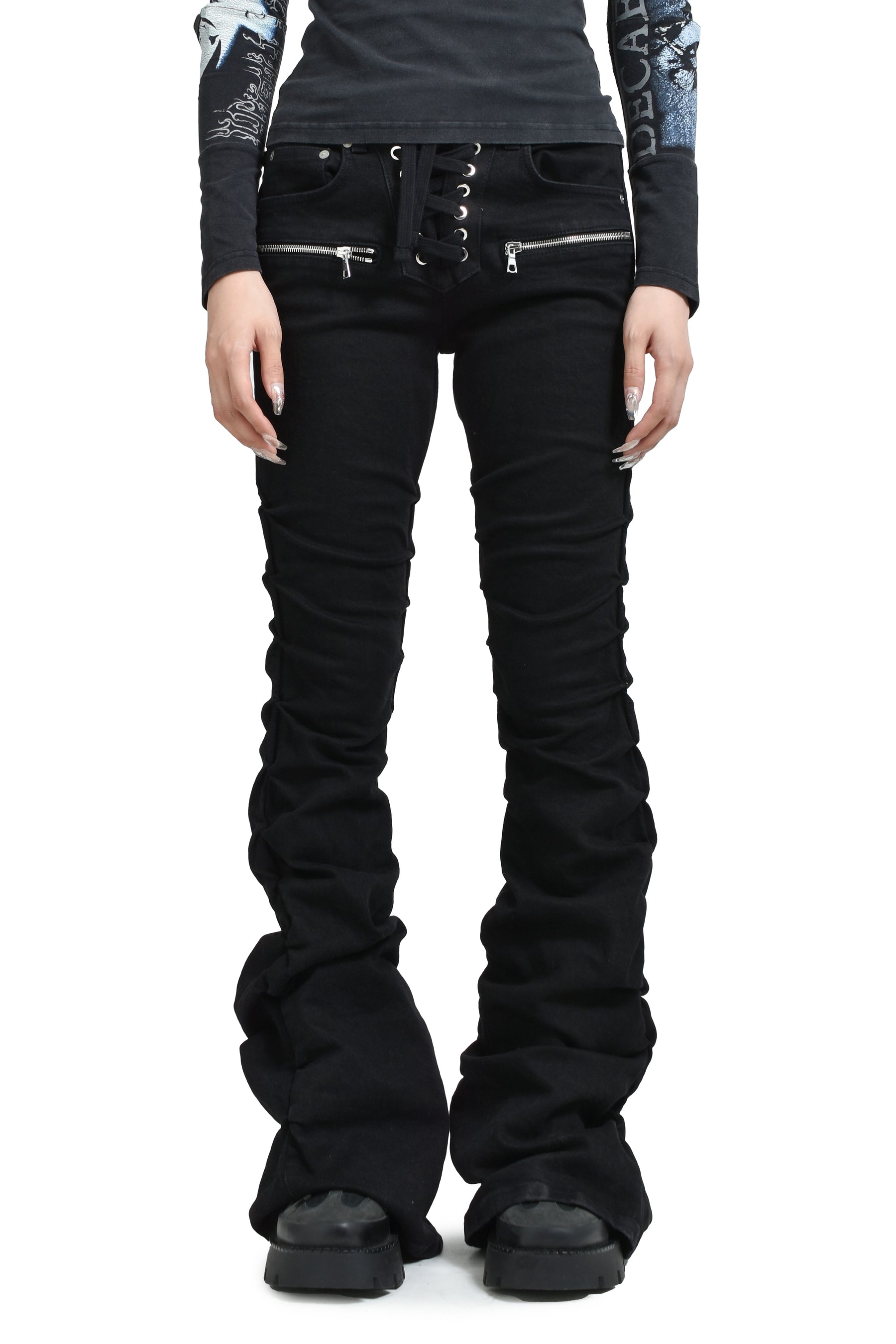 HIGH WAIST LACE UP FLARE / BLK 