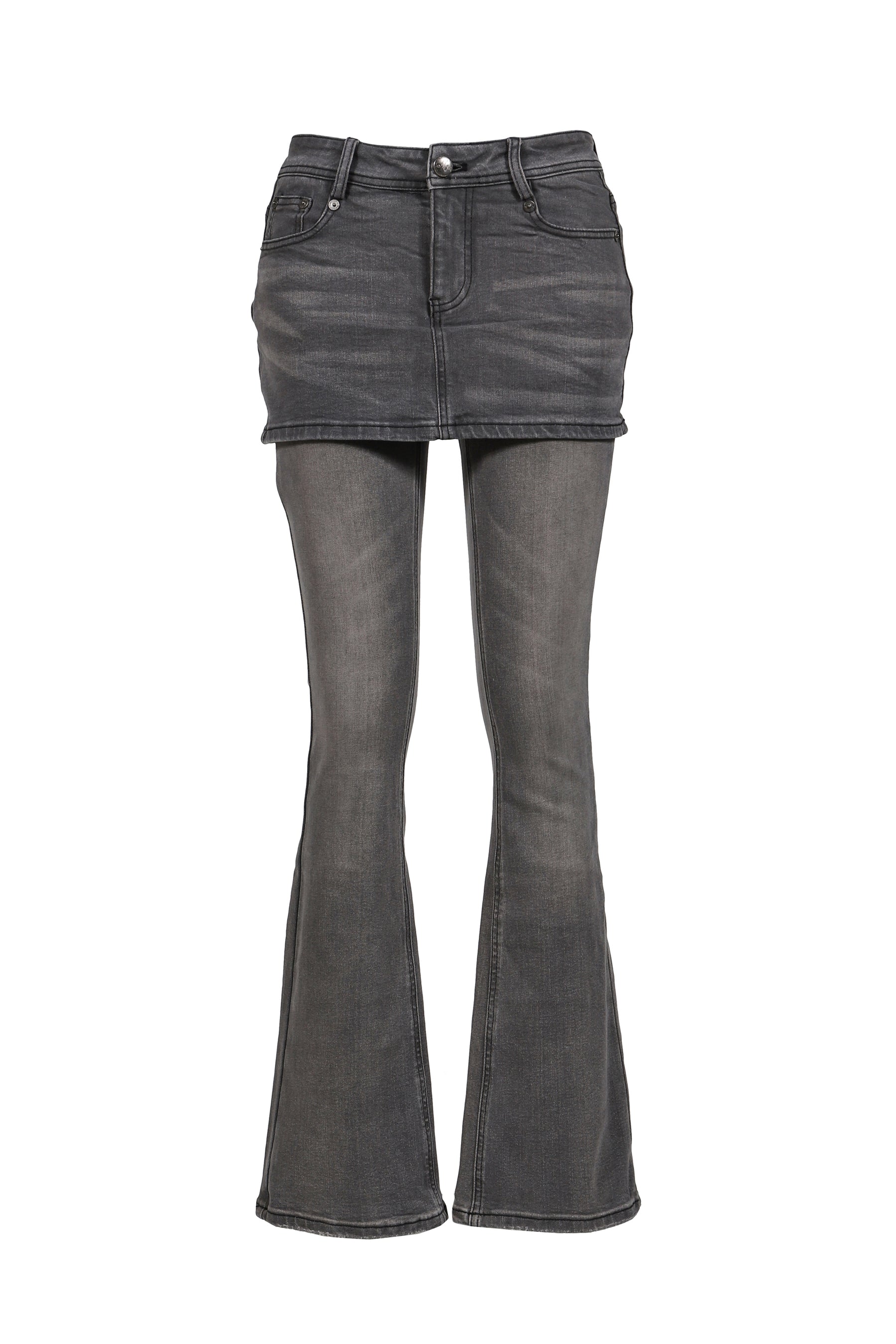 GRAY LAYERED FITTED JEANS WITH DOUBLE-LAYER SLIGHT FLARE / GRY