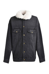 FUR DETAIL OVERSIZED DENIM JACKET / BLK