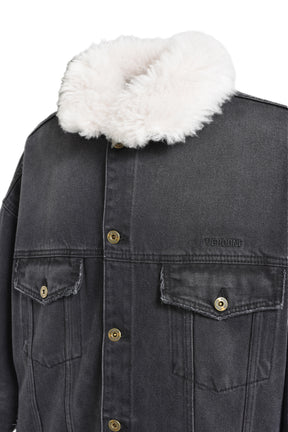 FUR DETAIL OVERSIZED DENIM JACKET / BLK