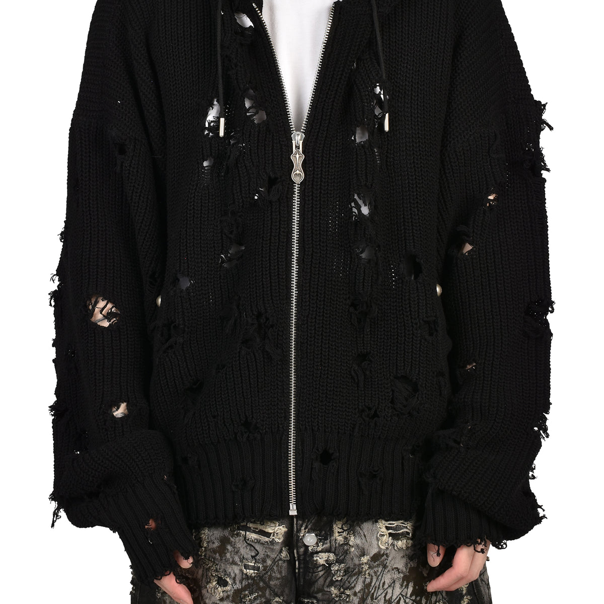 Thug Club サグクラブ SS26 TC DESTROYED KNIT ZIP-UP HOODIE / BLK
