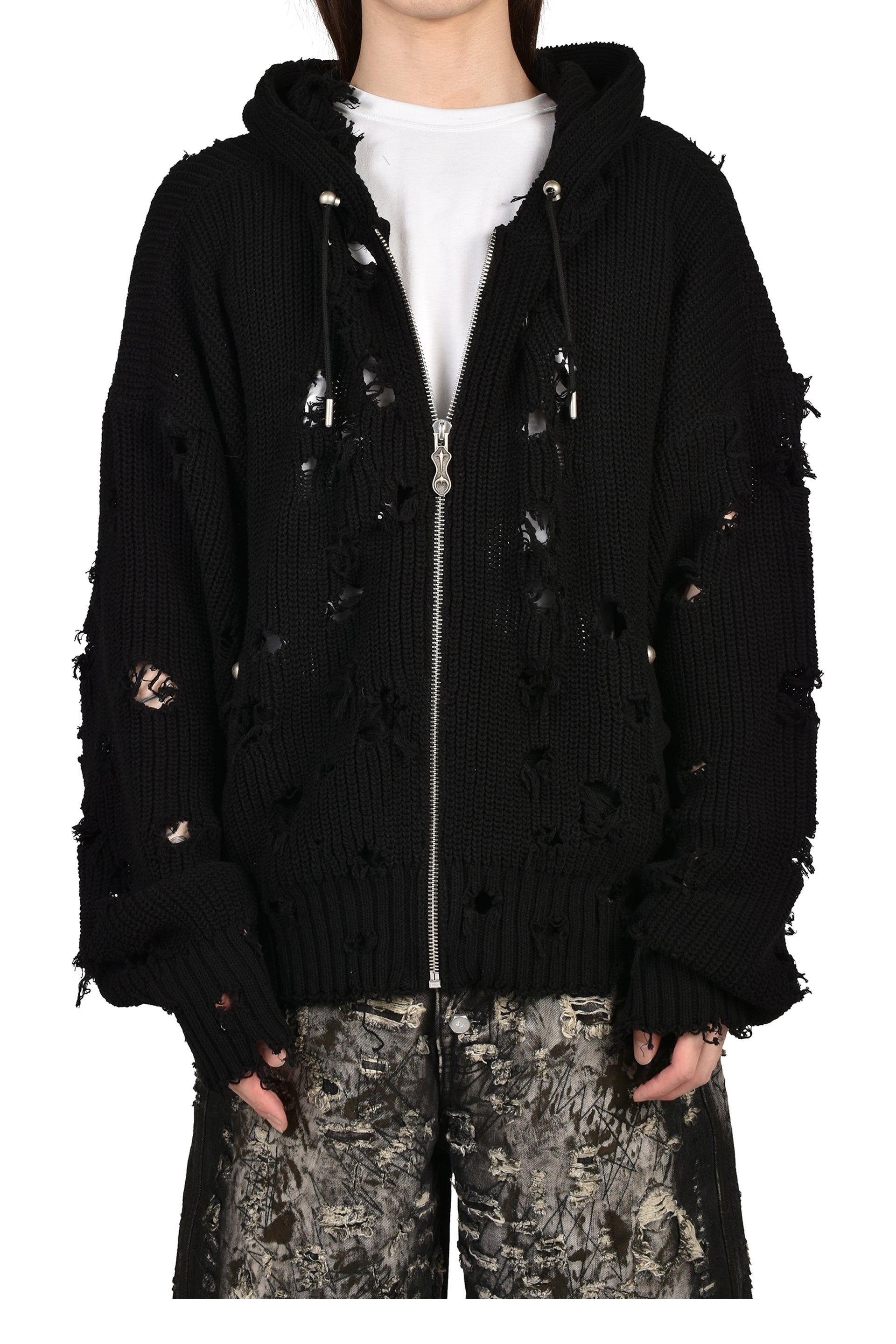 TC DESTROYED KNIT ZIP-UP HOODIE / BLK