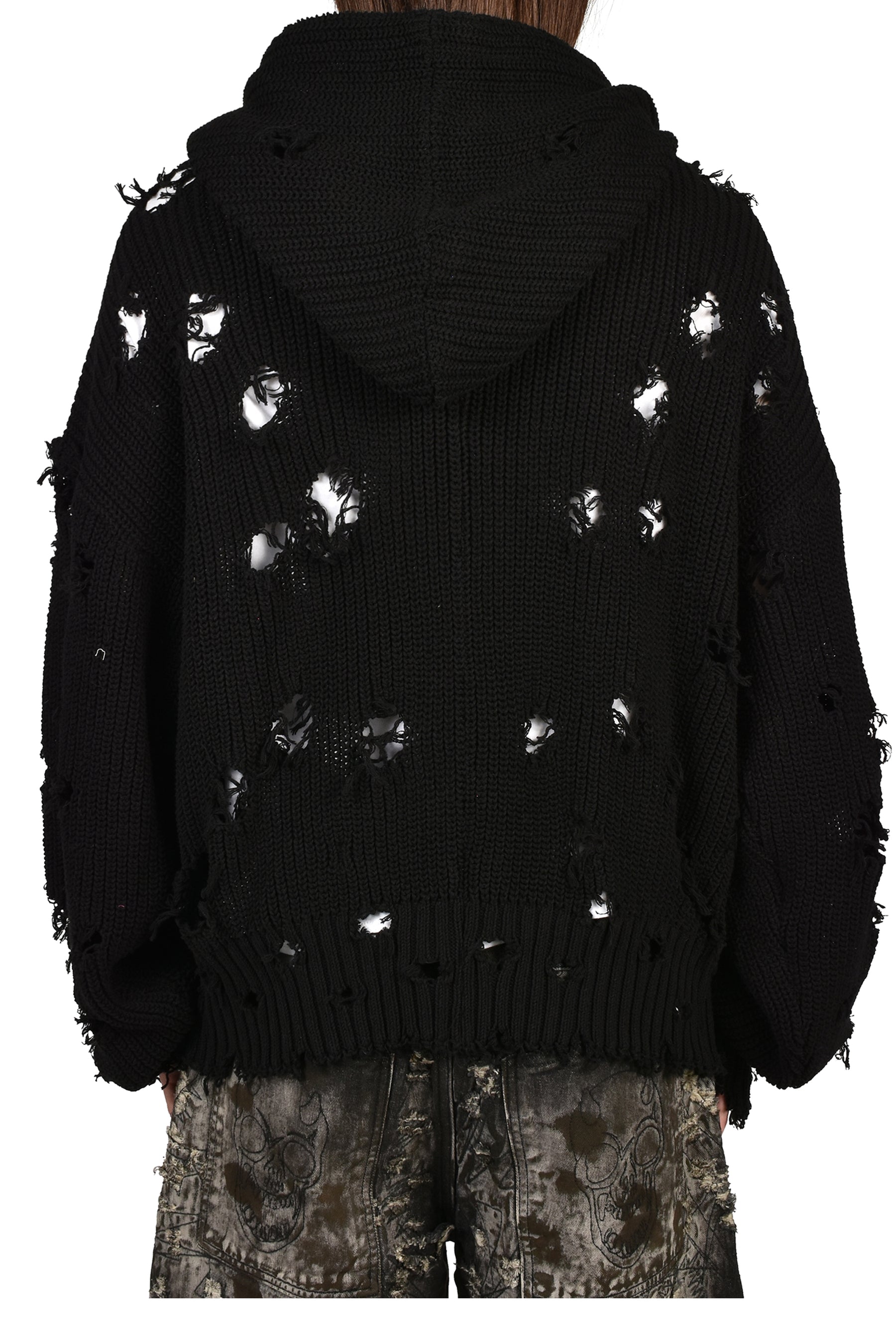 Thug Clubセーター Thug Club サグクラブ SS26 TC DESTROYED KNIT ZIP-UP HOODIE / BLK