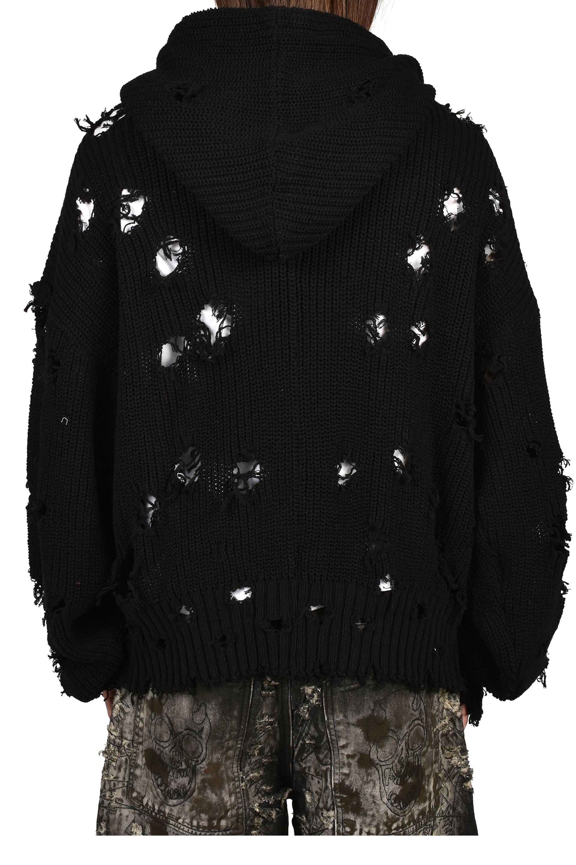 TC DESTROYED KNIT ZIP-UP HOODIE / BLK