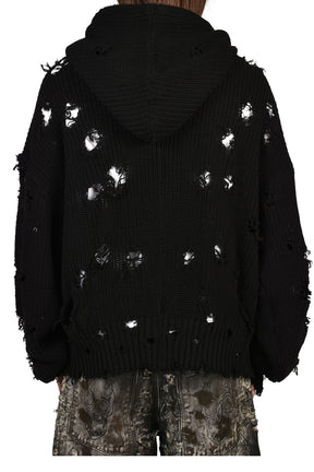 TC DESTROYED KNIT ZIP-UP HOODIE / BLK