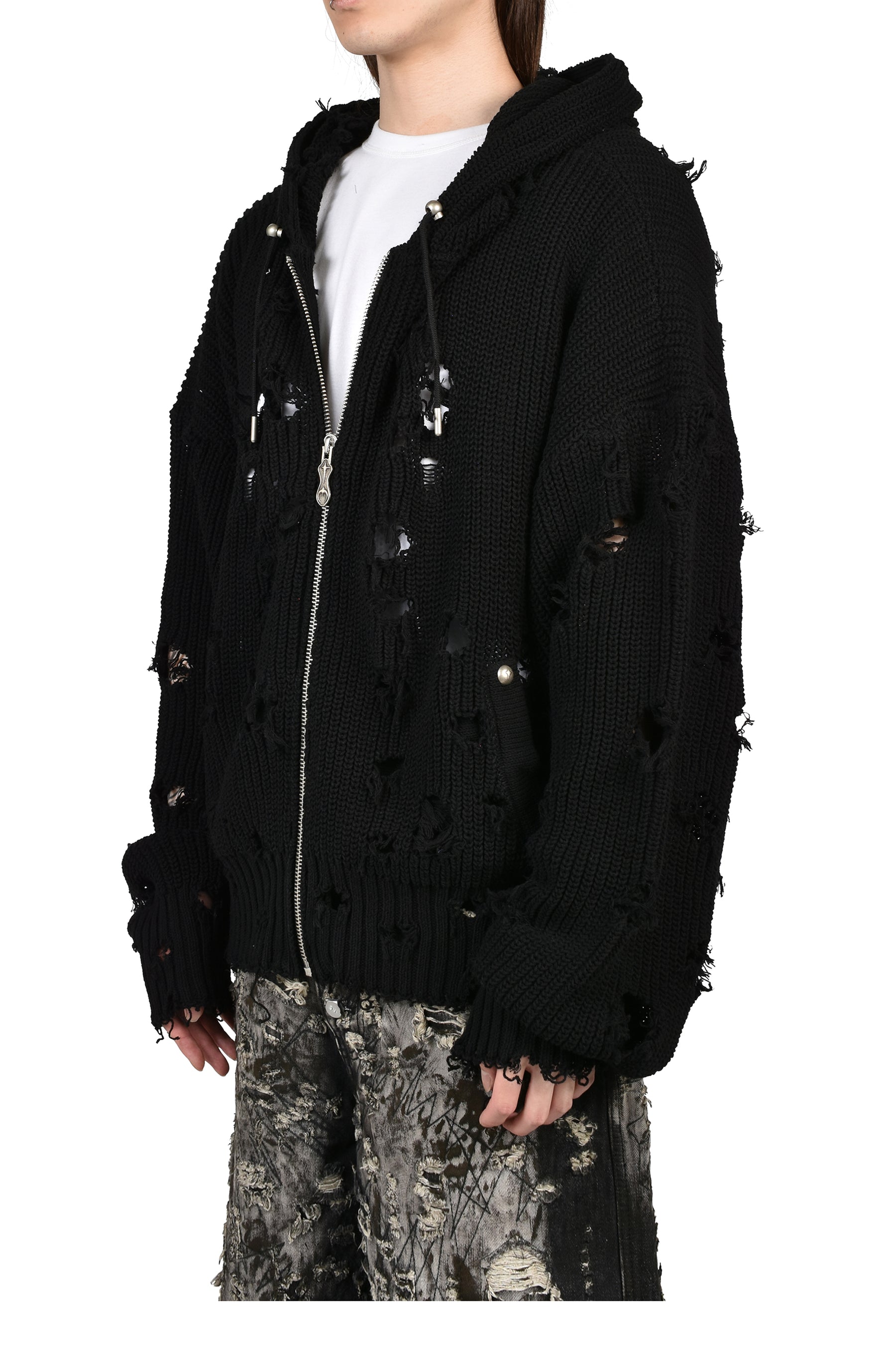 TC DESTROYED KNIT ZIP-UP HOODIE / BLK