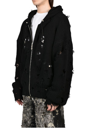 TC DESTROYED KNIT ZIP-UP HOODIE / BLK