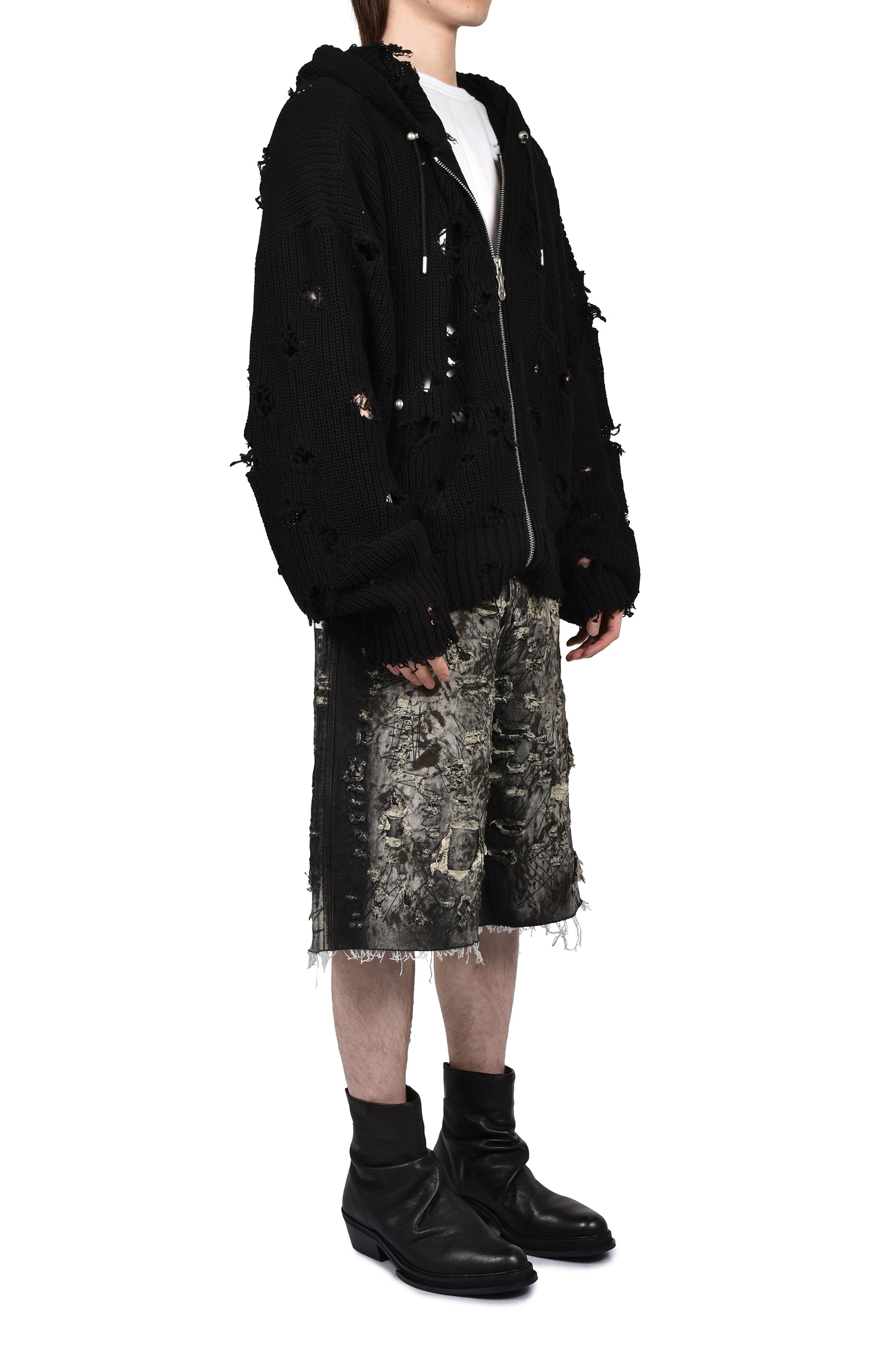 トップス THUG CLUB Thug Club サグクラブ SS26 TC DESTROYED KNIT ZIP-UP HOODIE / BLK