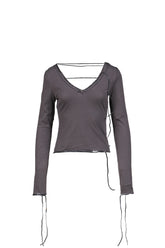 SEQUIN TRIM V NECK TEE / GRY