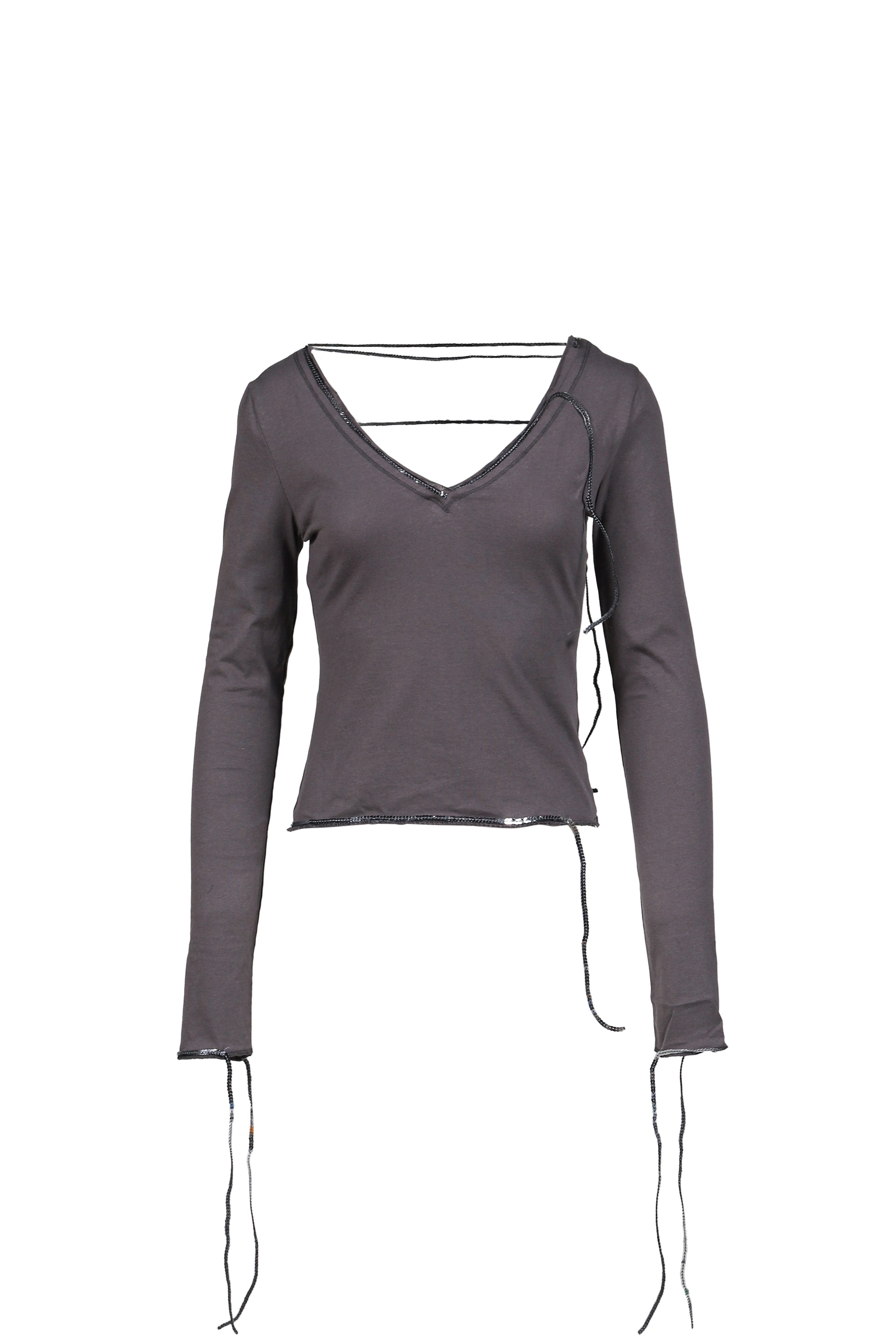 SEQUIN TRIM V NECK TEE / GRY