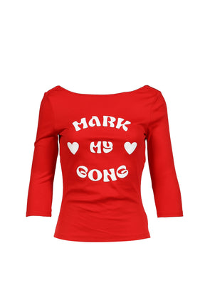 MARK MY GONG PRINTED RED 3/4 SLEEVE COWL NECK BACKLESS TOP / RED