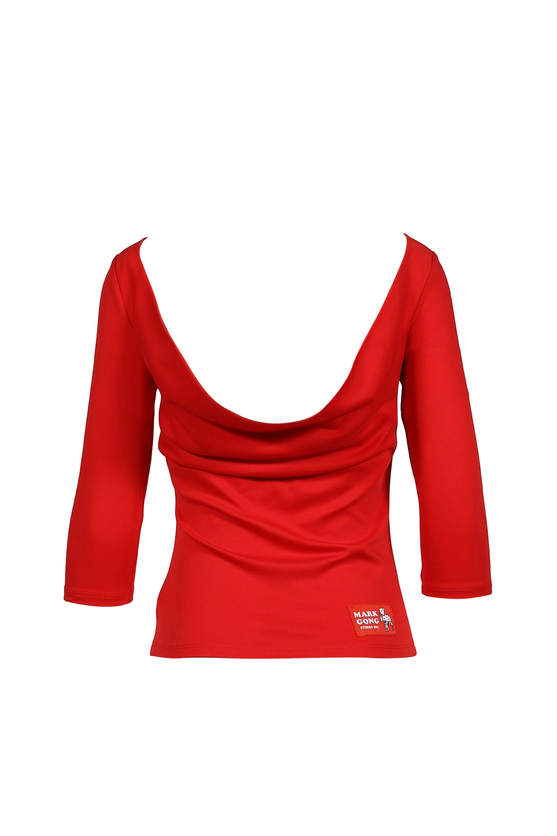 MARK MY GONG PRINTED RED 3/4 SLEEVE COWL NECK BACKLESS TOP / RED