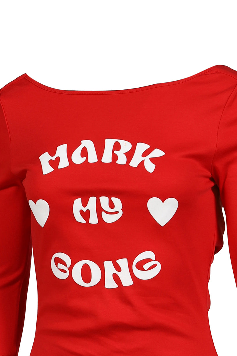 MARK MY GONG PRINTED RED 3/4 SLEEVE COWL NECK BACKLESS TOP / RED