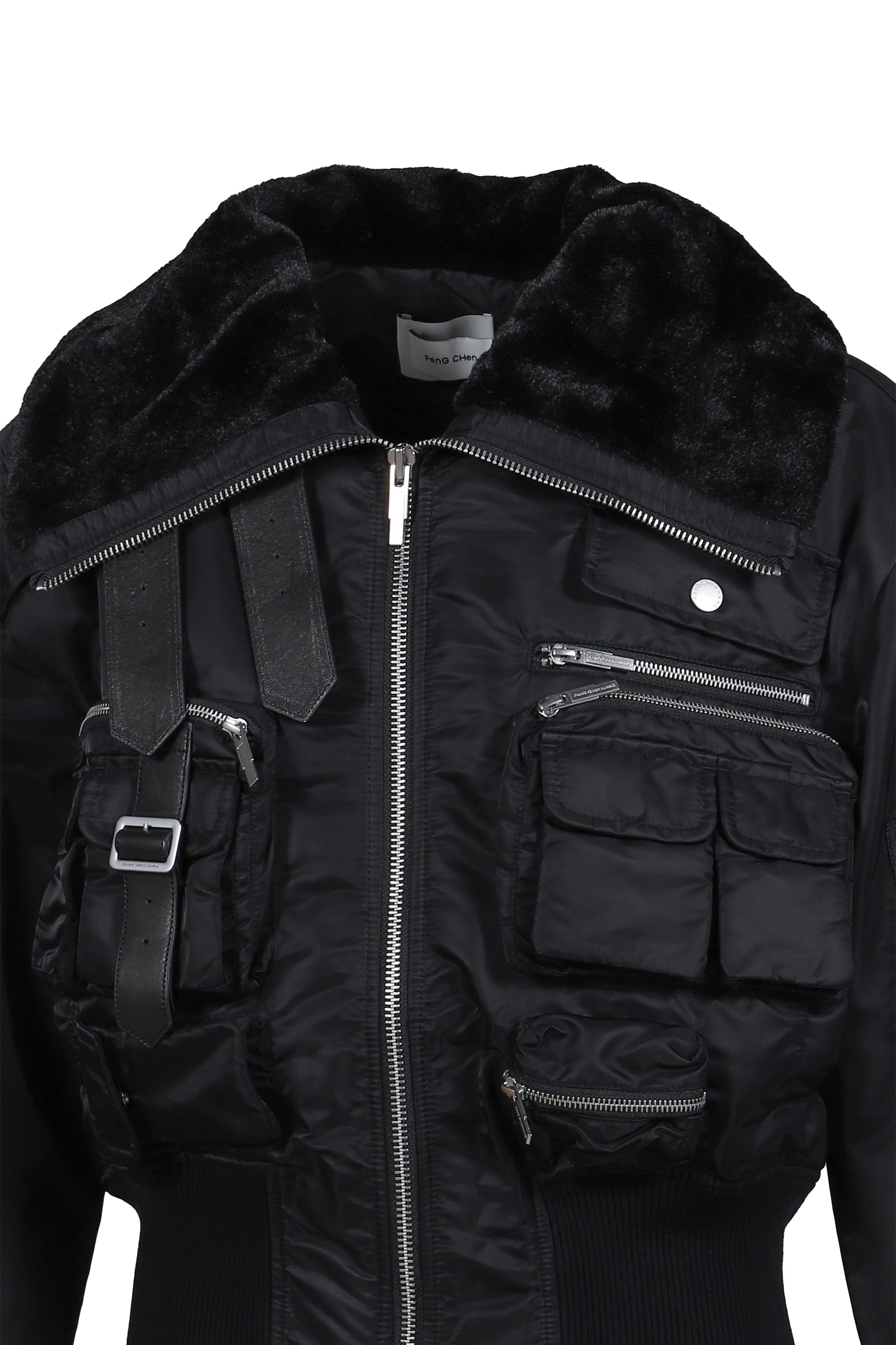MULTIPOCKET CARGO JACKET WITH LEATHER TRIM / BLK