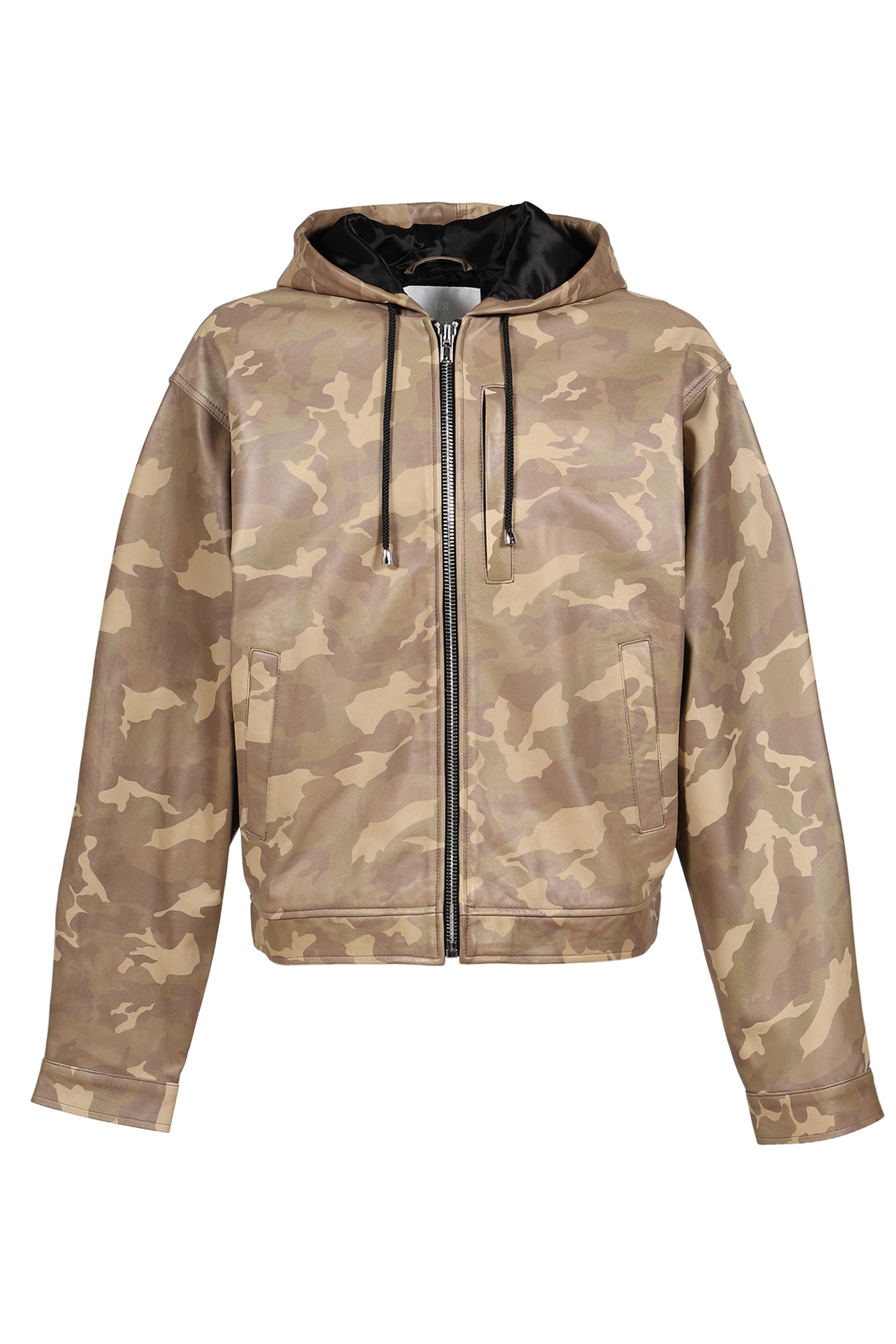 LEATHER FRONT ZIPPER HOODIE JACKET / CAMO