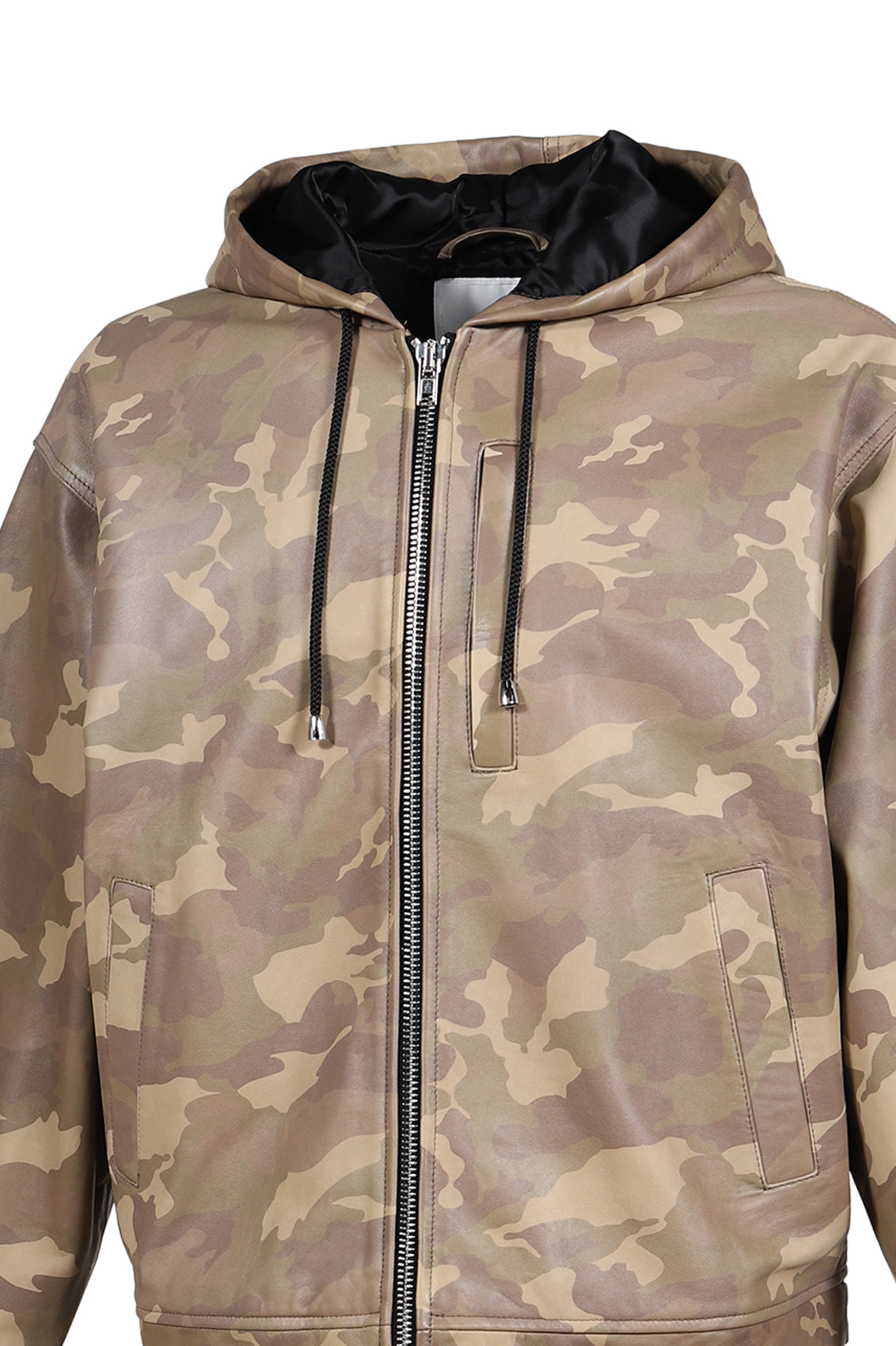 LEATHER FRONT ZIPPER HOODIE JACKET / CAMO
