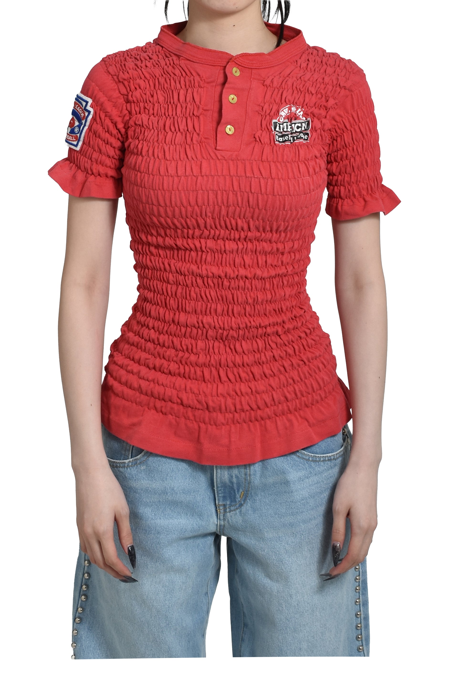 RECONSTITUTED SHIRRED HENLEY T-SHIRT / RED 