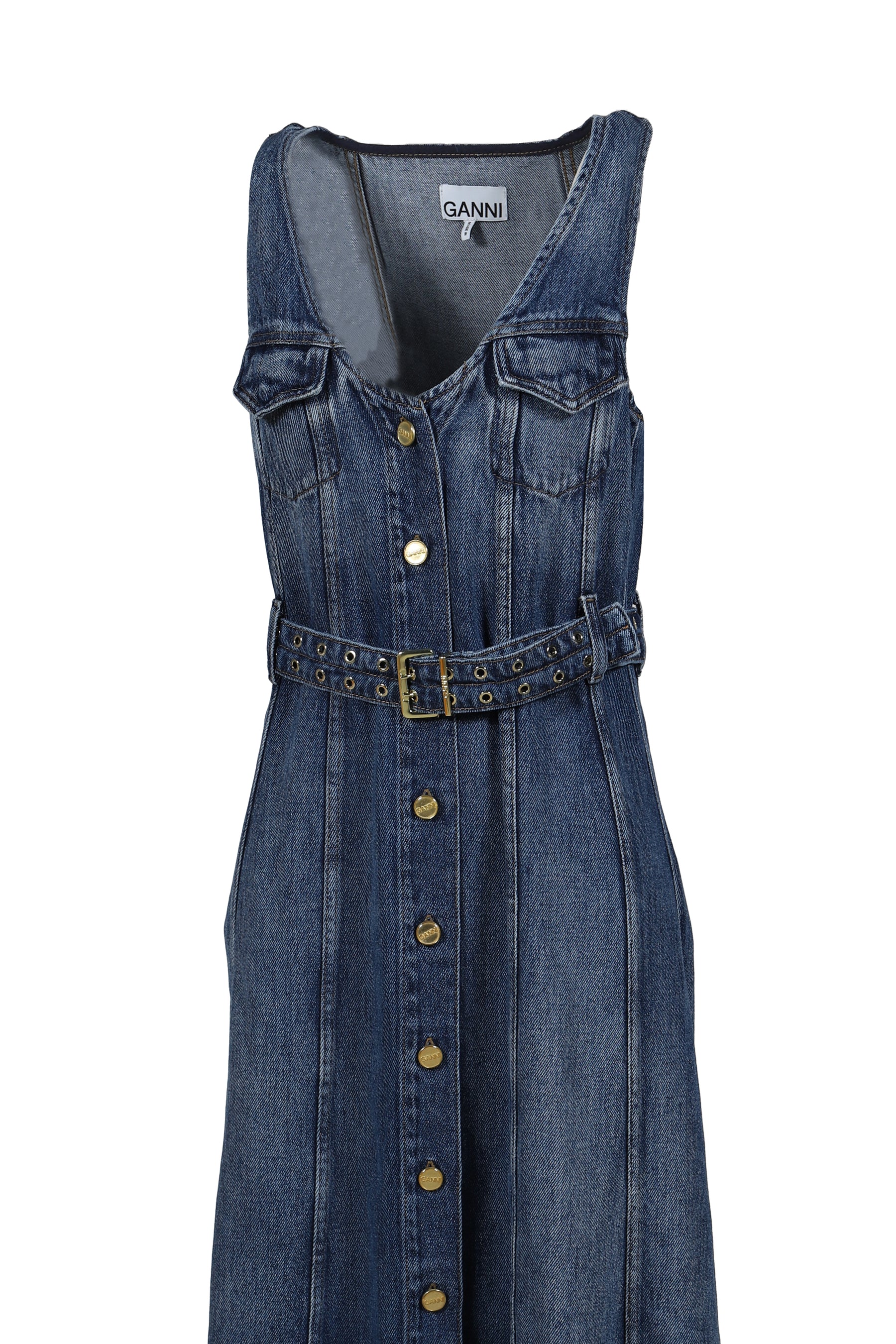 GANNI LIGHT DENIM BELT MIDI DRESS / MID BLU VINTAGE