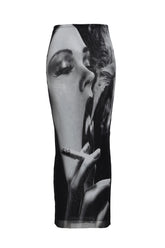 MESH LONG SKIRT PRINTED "SMOKING WOMEN" / BLK GRY WHT